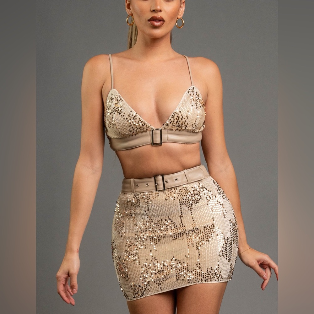 Sequin Beige Crop Top and Skirt Set